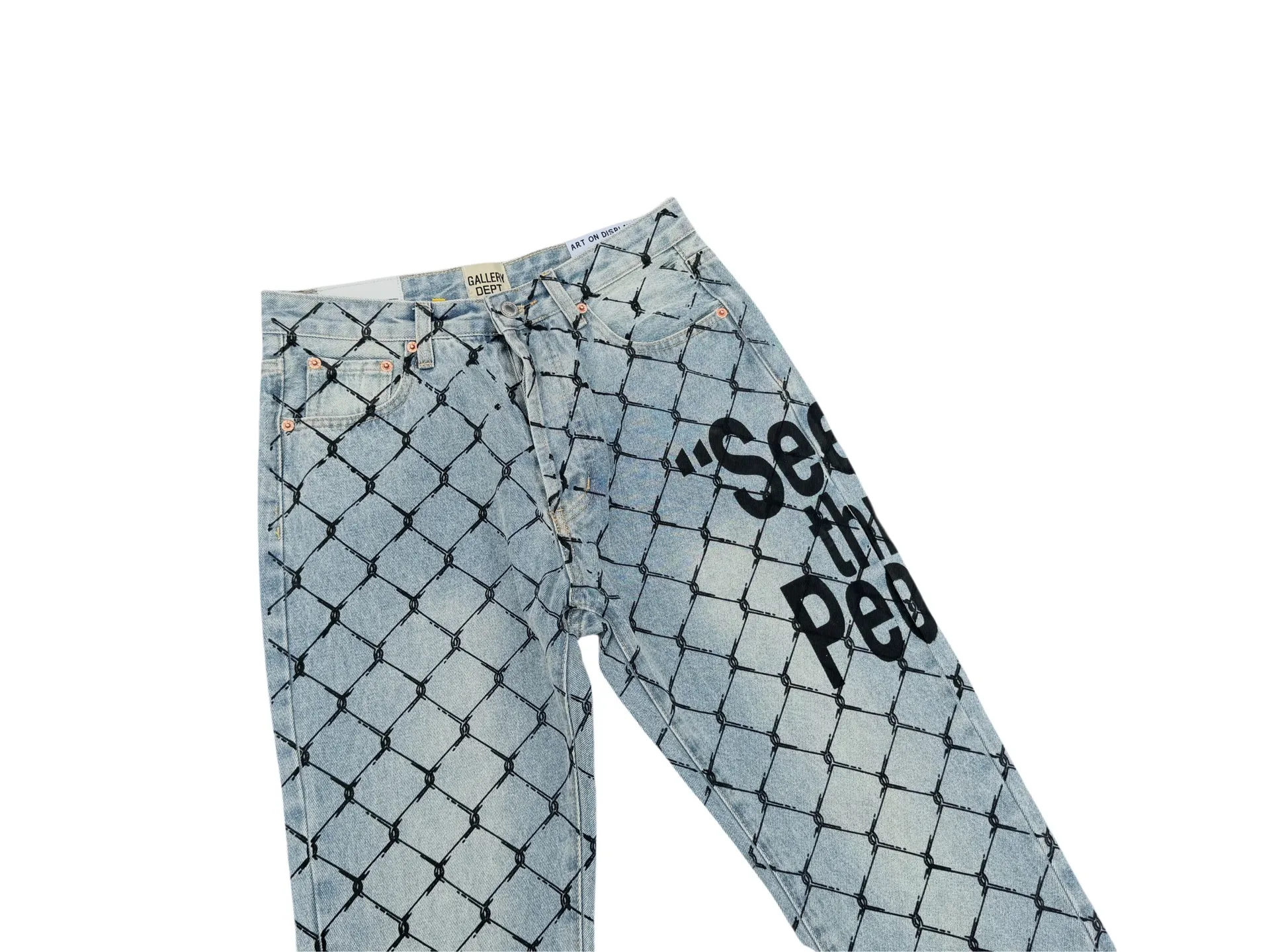 P240💰G786 GALLERY DEPT. Steel mesh letter printed slim jeans jeans casual group trendy American slim men's and women's trousers Color: blue Size: S-XXL (corresponding to 28-36)